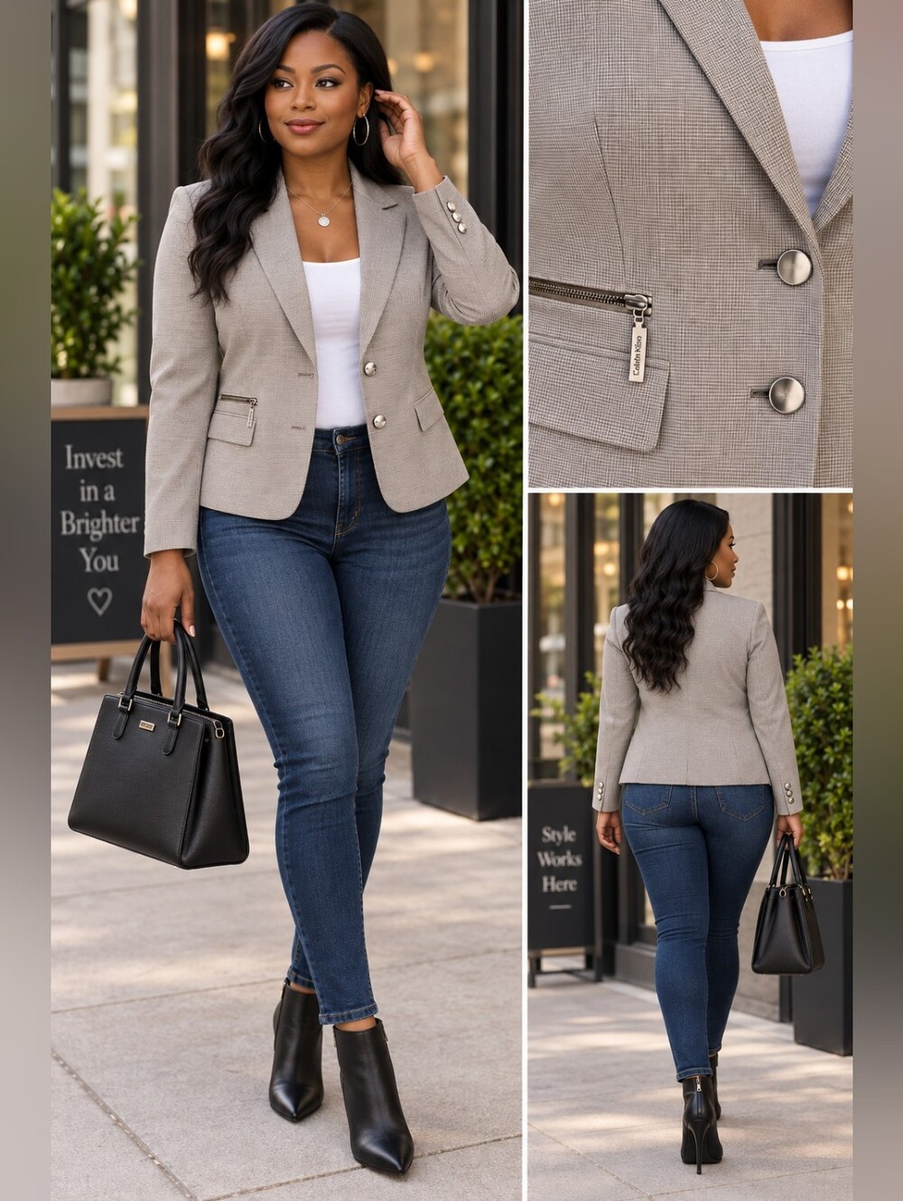Calvin Klein Size 6 Tailored Check Blazer Silver Hardware